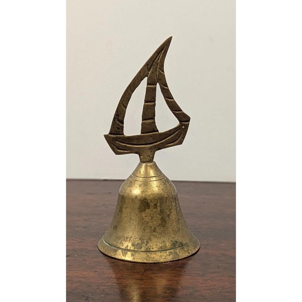 Vintage Solid Brass Hand Bell Sailboat Finial Nautical Maritime Decor 4in